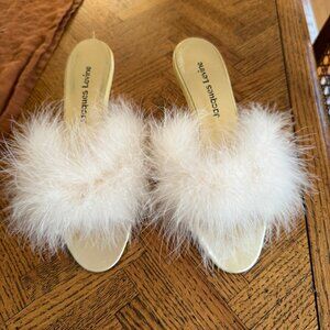 Ivory Satin Heel Slippers with Feathers